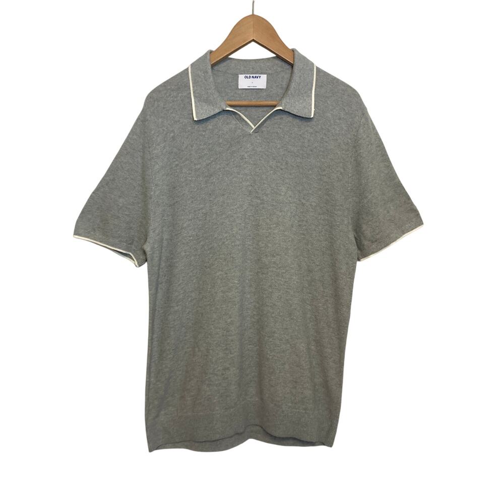 NWT Old Navy Men’s Woven Knit Gray White Trim Short Sleeve Pull Over Polo Shirt
